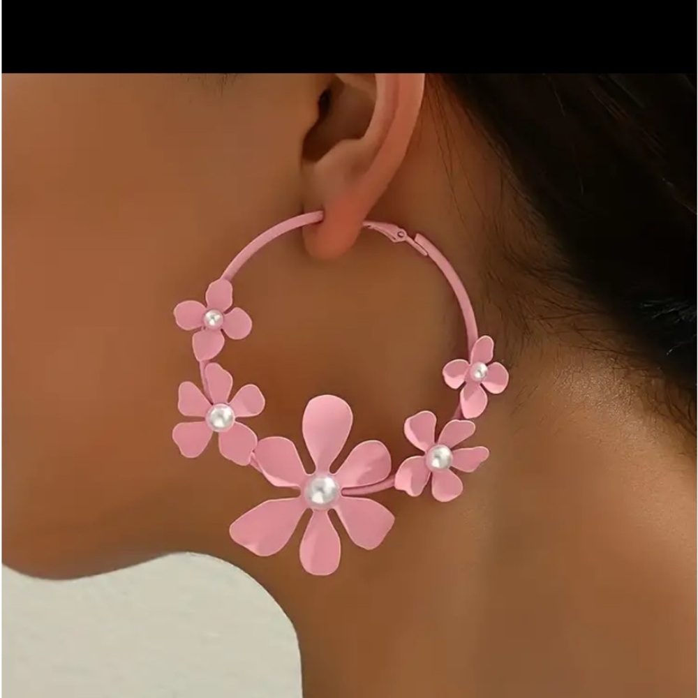 Pink Floral Hoop Earrings with Pearl Centers